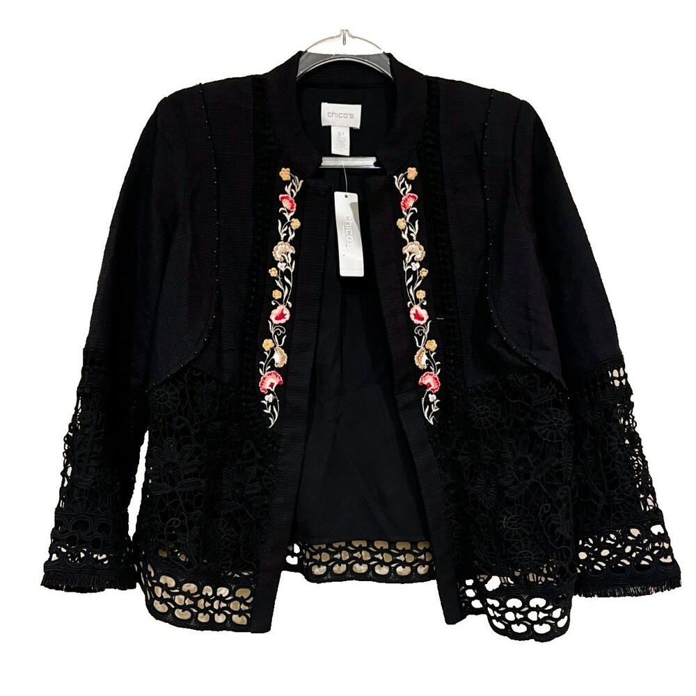 CHICO'S Embroidered Flowers Lace Black Jacket Size 1P US 8-10 NWT NEW Petite
